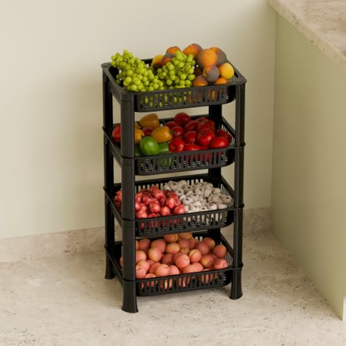 FOROLY 4-Layer Multipurpose Plastic Kitchen Storage Rack | Vegetable Basket Organizer | Stackable Storage Stand for Home, Pantry, Bathroom, Office – Durable Space-Saving Shelf (Black)