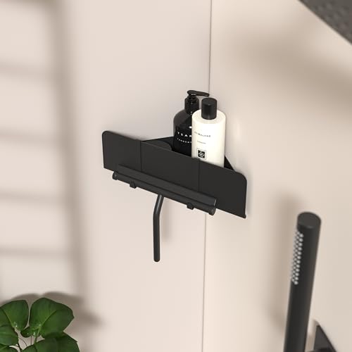 Dolvhin Duschablage ohne Bohren Ecke | Edelstahl Eckregal Dusche | Duschregal Ecke mit Ablaufrillen | Eck-Duschkorb zum Kleben | Badregal Selbstklebend | Bad Wandregal & 2 Haken | Schwarz Matt