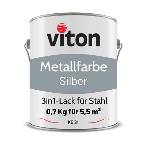Viton Metallfarbe in Silber - 0,7 Kg Metall-Schutzlack Seidenmatt - Dauerhafter Schutz & hohe Beständigkeit - 3in1 Grundierung & Deckfarbe - Metalllack direkt auf Rost - KE31 - RAL 7001 Silbergrau