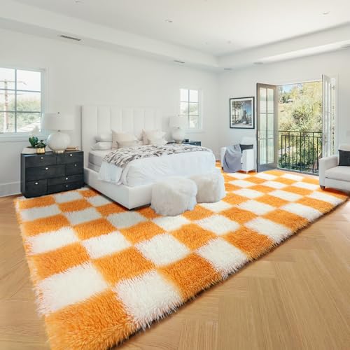 Image of KICMOR 8x10 Area Rugs for Living Room, Large Soft Fluffy Checkered Big Fuzzy Shag Shaggy Carpet for Bedroom, Orange and Cream White Plush Rug for Kids Boys Girls Dorm Nursery Home Decor Aesthetic