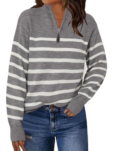 LYANER Women's Striped Sweaters Casual Zipper Neck Knitted Tops Long Sleeve Sweatshirt Pullover Sweater