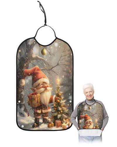 Christmas Adult Bib for Adults Men, Women, Forest Gnomes Vintage Snow Vintage Cottage Washable & Adjustable Terry Cloth Bib with Crumb Catcher Reusable Waterproof Clothing Clothes Protector Apron