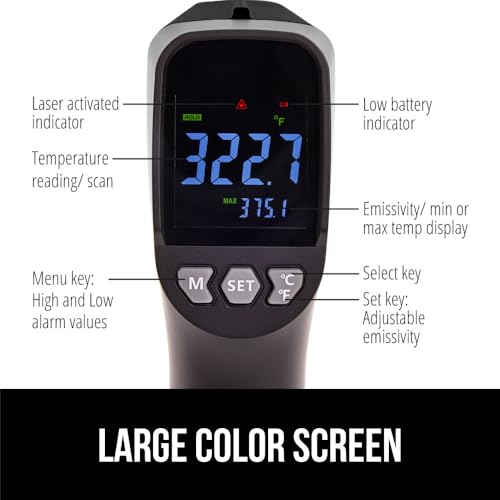 GORILLA GRIP Infrared Thermometer Gun, Meat Grill Temperature Thermometers for Cooking Pizza Oven Griddle, -58°F to 1076°F, Digital Food Temp Reader, Instant Read Laser Adjustable Emissivity, Black