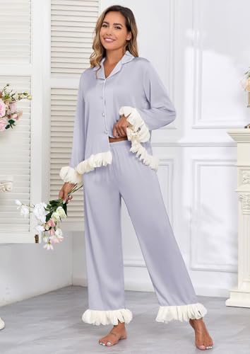 Image of Brosloth Womens Silk Pajamas Set Long Sleeve Satin Button Up Sleepwear | Cute Soft Fall Pjs Sets, Lace 2 Piece Lounge Set, Elegant Bridesmaid Pajama, Skin Friendly Sleepwear for Wedding, Honeymoon