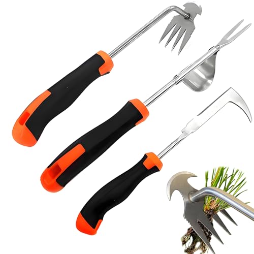 Set di 3 diserbanti in acciaio inox, per rimuovere erbacce, dente di leone, raschietto, taglia-radici, strumento da giardino con manico per diserbo, trapianto, allentamento del terreno, rastrello per