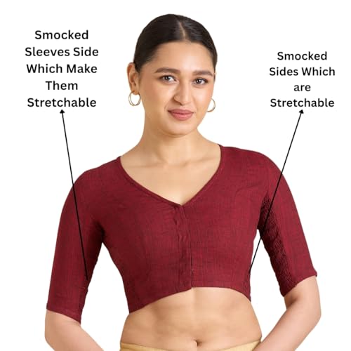 Image of Studio Shringaar Women's Thick Handloom Cotton Plain Side Stretch (Smocked) Readymade Saree Blouse