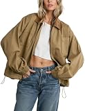 Meyhad Women’s Barn Jacket Corduroy Collar Zipper Utility Jacket Cinchable Hem Workwear Jacket with Pockets(0988-DarkKhaki-XL)