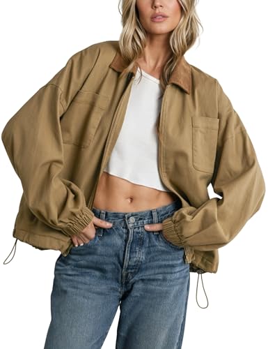 Meyhad Women’s Barn Jacket Corduroy Collar Zipper Utility Jacket Cinchable Hem Workwear Jacket with Pockets(0988-DarkKhaki-XL)