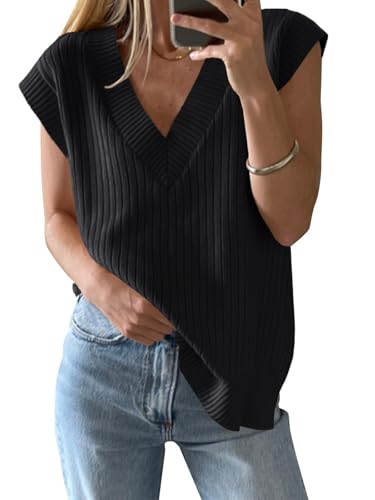 Image of ZDC Womens V Neck Sweater Oversized Sleeve Casual Ribbed Knit Tank Tops Loose Fit