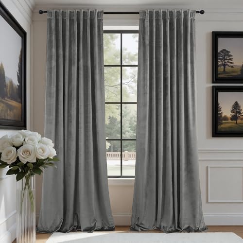 Image of Pitalk Grey Velvet Curtains 84 Inches Long 2 Panels Luxury Blackout Curtains for Bedroom Living Room Thermal Insulated Super Soft Window Drapes Gray Rod Pocket & Back Tab W52 x L84 Inch Length