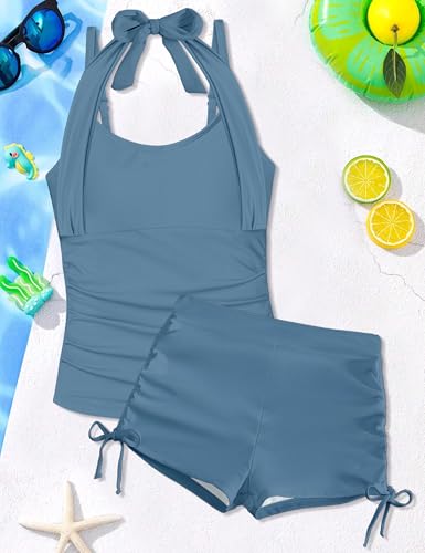 Image of Girls Swimsuit Two Piece Bathing Suit Ruffle Trim Swimsuits for Girls Tankini with Drawstring Shorts Swimwear 9-18Y