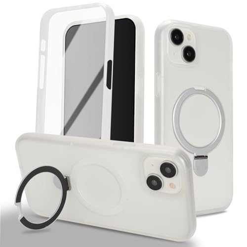CoozCase for iPhone 15 Case with Magnetic Ring Stand and Built-in Screen Protector,360 Full Body case with MagSafe,for Apple iPhone 15 Protective Phone Cases for Men Women Gril-White