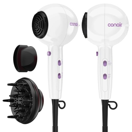 Image of Conair Cake Pop Hair Dryer with Diffuser & Concentrator Attachments, Blow Dryer, Hair Dryers for Women, Tourmaline Ceramic Technology, 3 Heat /2 Speed Settings, Compact Hair Dryer w /Concentrator, White