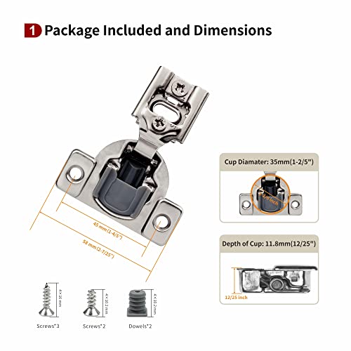 Image of 2 Pcs 1 /2 inch Overlay Soft Close Cabinet Hinges 105 3 Way Adjustable | 2D Structure,Cold Rolled Alloy Steel,face frame cabinets,anti-rust coating,damped closure,7.6kg /pair,50k cycles,14-26mm doors