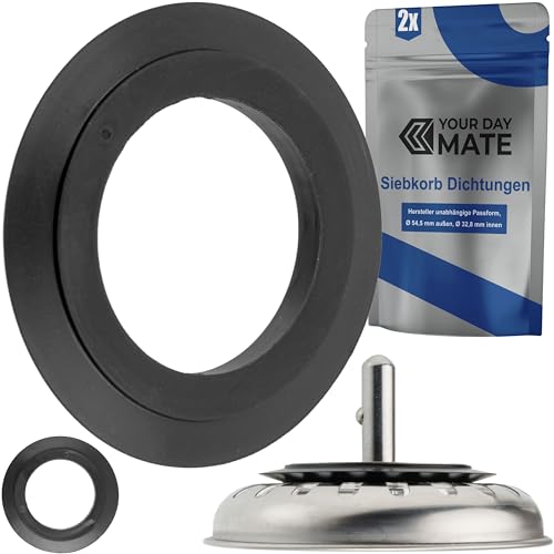 Universal Dichtungen für Siebkörbchen, 2 Stück, in Schwarz, aus Gummi, Siebkorbdichtung mit Ø 54,5 mm außen, Ø 32,8 mm innen, 4,8 mm Dicke, Spülbecken Siebkorb Dichtring Reparatur, Dichtungsring Spüle
