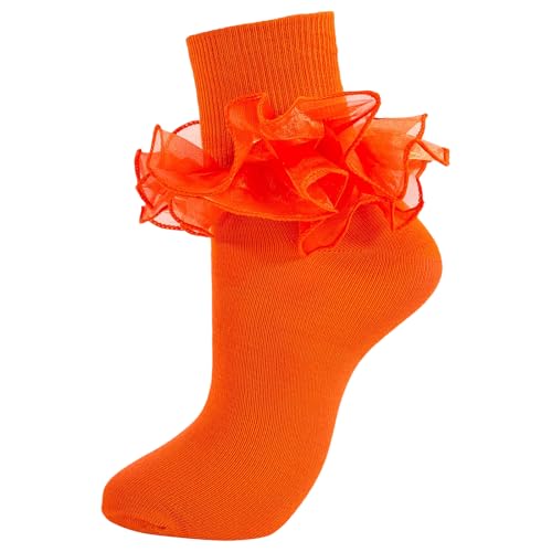 Image of Women Big Ruffle Ankle Socks Adult Double Lace Frilly Socks Fold Cuff Cotton Ruffled Dress Crew Bobby Bride Sock
