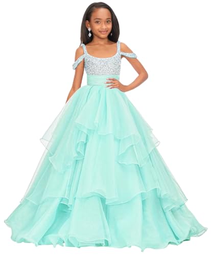Off Shoulder Girls Pageant Dress Long Pearl Ruffles Princess Prom Party Ball Gowns with Train PT148