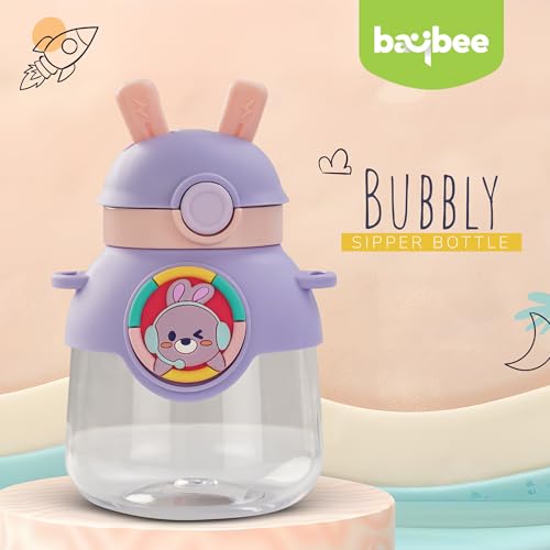 Image of Baybee Bubbly Kids Sipper Water Bottle 670ml | BPA Free & Leakproof Safe Sipper Bottle with Straw | Cute Rabbit Design Smooth Sipping with Handle & Neck Strap,Flip Lid for School Kids & Babys (Purple)