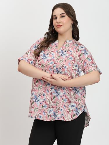 Image of SINDOORI Relaxed Fit Tops for Women Plus Size Solid Printed Mandarin Collar, Band Collar, V-Neck Top, Half Sleeve Loose Fit