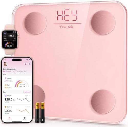Ovutek Smart Scale for Body Weight, Digital Bathroom Scale BMI Weighing Body Fat Scale, Accurate Body Composition Scale Monitor for People's Health with Smartphone App, Compact Size, 400lb (Pink)