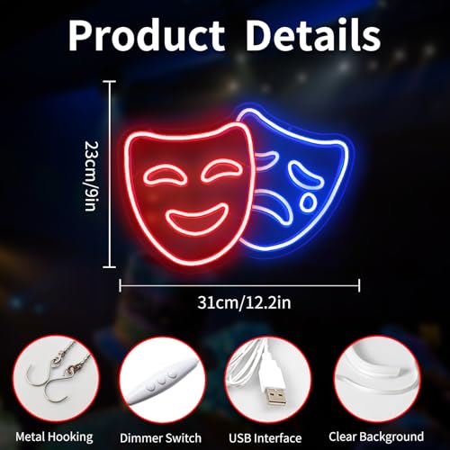 Image of Theater Mask Neon Sign Comedy And Tragedy Masks Led Sign Comedy Mask Neon Lights Movie Theater Wall Decor Drama Mask Light Up Sign for Home Theater Accessories