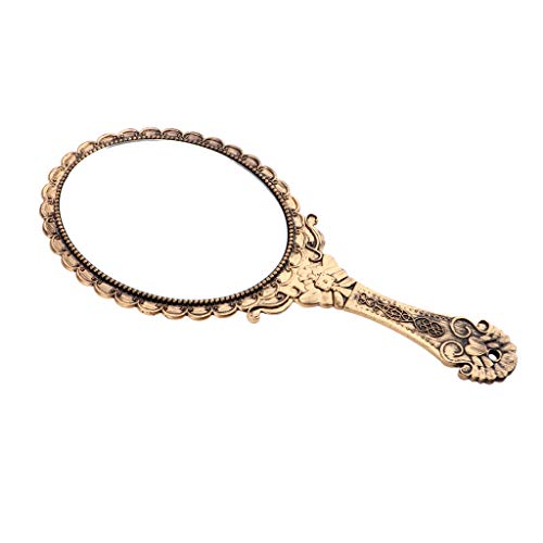 Fityle Espelho oval de mão estilo antigo decorativo com alça em relevo design rosa para maquiagem co