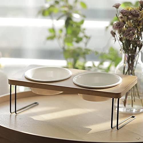 FUKUMARU Katzennapf Erhöht, 15° gekippte Futternapf für Katzen, mit rutschfestem Bambus und Metallhalter, Keramik Fressnapf und Wassernapf im Katzen Napfset für Katzen und Hunde