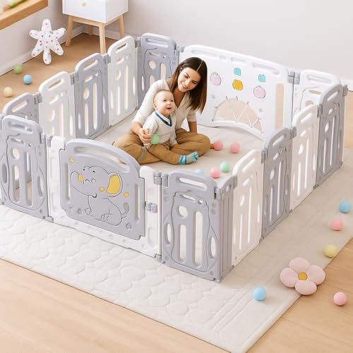 Image of Playpen for Babies Up to 5 Years with Balls Panel Baby Playpen with Safety Gate, Kids Play Area Indoor Setup, Play Yard Fence for Toddlers,Children (Grey White, 16 Panel)