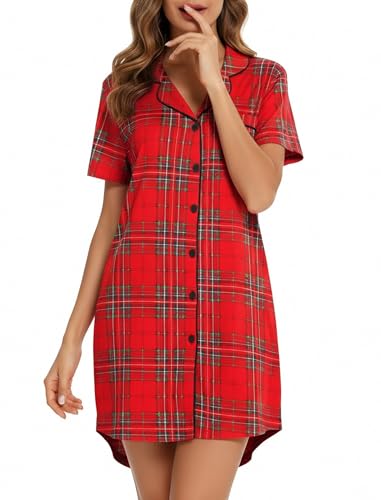 Image of Samring Pajama Nightgown for Women Short Sleeve Button Down Boyfriend Night Gown Nightdress Sleep Shirts