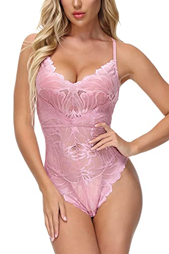 Aranmei Women s Snap Crotch Lingerie Sexy Lace Bodysuit Exotic Teddy One Piece Lingerie Pink Large
