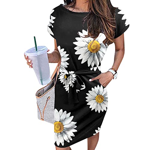 KQKAQJW Vestido feminino casual com gola redonda e manga curta para festa, clube, com laço na cintur