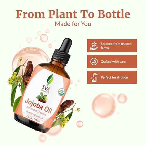 Image of SVA Organic Jojoba Seed Carrier Oil with Dropper, 4 Fl Oz (118 ml) | Jojoba Oil for Skin Care, Facial Oil, Hair Care, Scalp Massage, Nail Care, Body Massage & DIY Beauty Blends, Glass Bottle