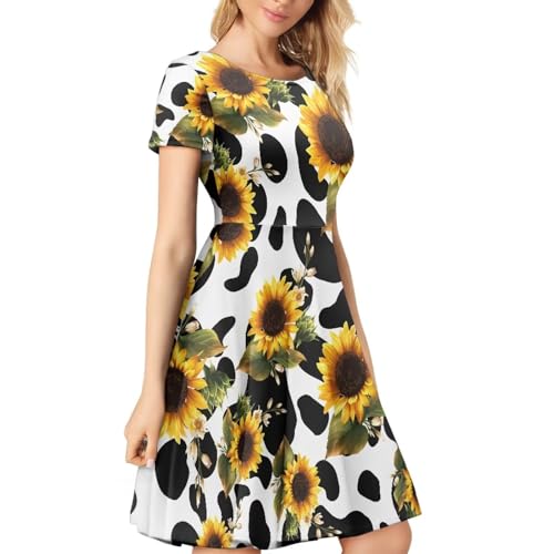 Image of HUGS IDEA Womens Puffy Swing Midi Dress Round Neck Short Sleeve Party A-Line Dresses