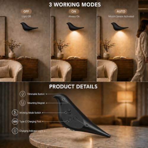 Tomchekr Modern Bird Motion Sensor Wall Light, Magnetic Wireless LED Night Light with 3 Color Modes, Type-C Rechargeable Wall Sconce for Bedroom, Hallway, Nursery, Bathroom, Stairway, Closet - 4