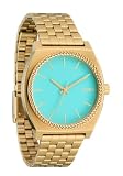 NIXON Time Teller A045 - Reloj analógico para hombre resistente al agua hasta 100 m (esfera de reloj de 37 mm, correa de acero inoxidable de 19,5 mm a 18 mm), Dorado/turquesa/dorado, Time Teller