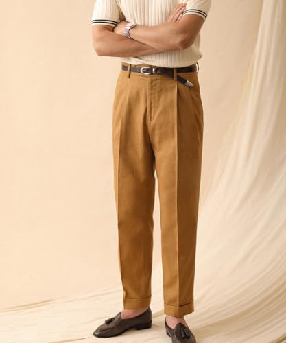 Men's Linen Dress Pants Vintage Relaxed Fit Straight Legs Business Formal Slacks Pants2