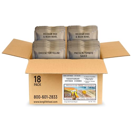 MRE Vegetarian Entrees (18-Pack) – Vegetarian Combo – Main Courses Only (Not Full Meals) – Long Shelf Life – 2023+ Production Dates by Long Life Food Depot – Meals Ready to Eat