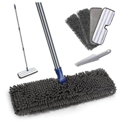 Masthome Microfiber Flip Mop, Flat Dust Mop with 4 Washable Mop Pads and 1 Cleaning Scraper, Dual-Action Wet Dry Mop for Hardwood Laminate Ceramic Marble Tile Floor Cleaning
