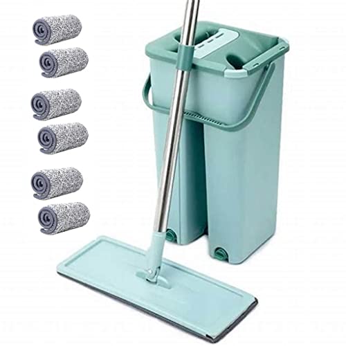 SWISSPACK Floor Mop and Bucket Set − Easy and Simple Squeeze Mop Bucket, Flat Mop with 6-Pack Replacement Machine Washable Microfibre Mop Pads for All Floors Types (Green)
