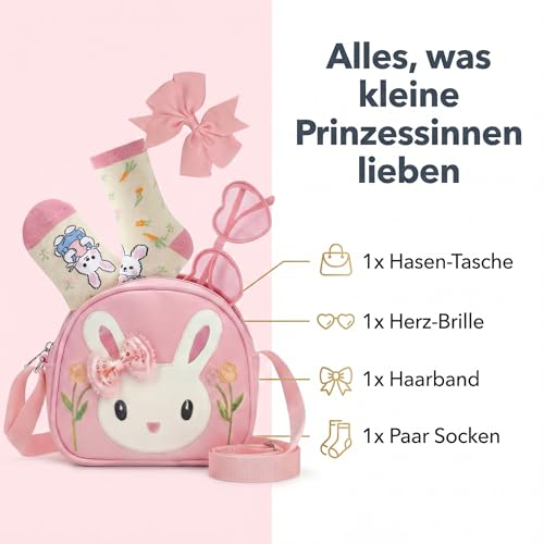 VIvaSmart Geschenk Mädchen 6 7 8 9 10 Jahre & Einschulung Geschenk Geburtstag - Kindertasche Set inkl. reine Baumwolle Socken, Herz-Brille & Schleife für Einschulung Mädchen