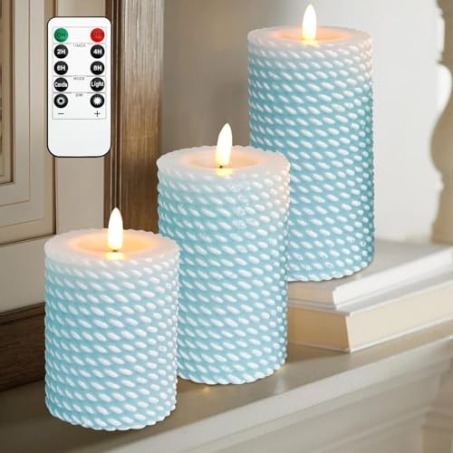 Image of LED Flameless Candles Blue Textured Design Pillar Battery Operated Candles with Remote Control, Timer Function Set of 3