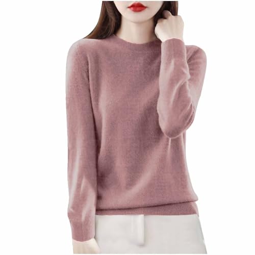 Image of AnnSemo Jumpers for Women UK Solid Colour Ladies Tops Lightweight Knitted Sweater Undershirt Long Sleeve Crew Neck Pullover Casual Soft Cosy Women's Jumpers Pink