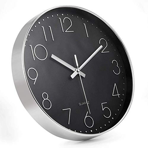 Image of HZDHCLH Wall Clocks for Living Room Bedroom Office Classroom Decor Small Silent Non Ticking Kitchen Wall Clock Battery Operated (Black Silver,12 inch)