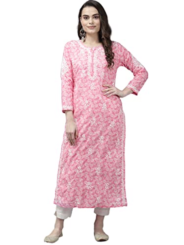 Image of Ada Women's Cotton Straight Fit Straight Hand Embroidered Lucknowi Chikankari Kurta Kurti A411378