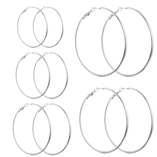 Stainless Steel Silver Hoop Earrings 5 Pairs Big Thin Hoop Earrings Stylish Simple Lightweight Hoops Earring 30/40/50/60/70 mm