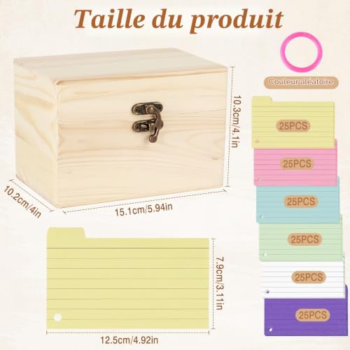 NZZVNZ Boîte à Fiches en Bois Flash Carte Comprend 150 Fiches Colorées Anneau en Plastique Boite Carte d'index Boîte Bois avec Couvercle 15.1 * 10.2 * 10.3cm Maison Bureau – vue 2