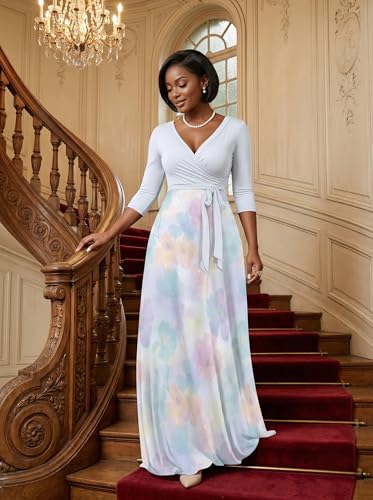 Image of PinkPatty Plus Size Maxi Dress for Women Casual V Neck 3 /4 Sleeve Boho Printed Long Dress with Pockets