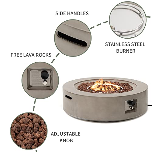 COSIEST 42 inch Outdoor Propane Fire Pit Coffee Table w Concrete Round Base Patio Heater, 50,000 BTU Stainless Steel Burner, Free Lava Rocks, Rain Cover(Gray)