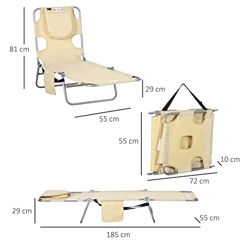 Outsunny Foldable Sun Lounger, Beach Chaise Lounge with Reading Hole, Arm Slots, 5-Position Adjustable Backrest, Side Pocket, Pillow for Garden, Beach, Camping, Beige - Image 3