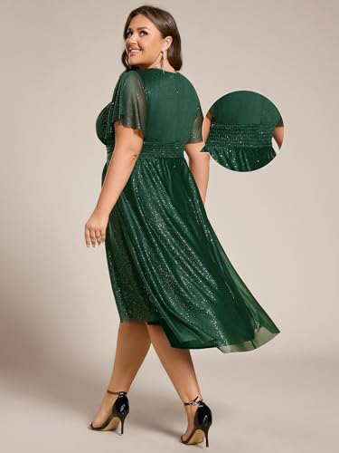 Ever-Pretty Plus Women's Round Neck Glitter Elastic Band Back Short Sleeves Midi Plus Size Formal Wedding Guest Dresses2